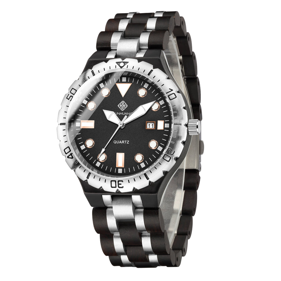 KUNHUANG 3004 Stylish Men’s Luminous Watch Wood & Stainless Steel Combined Waterproof