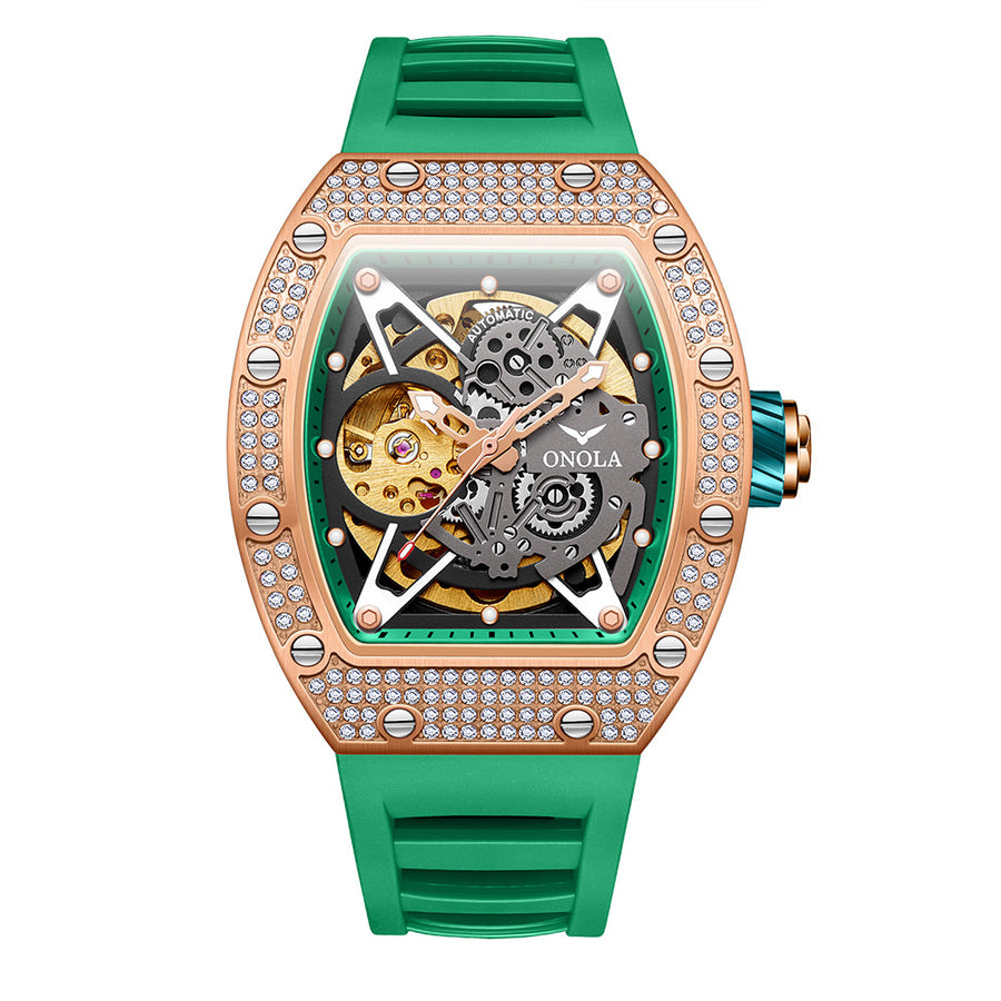 ONOLA Skeleton Mechanical Watch Barrel Shaped 43mm Inlaid w/ Brilliant Diamond