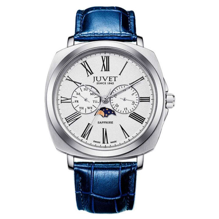 JUVET 7007 A1 Moon Phase Watch for Men, Swiss Made Quartz Watch 3Bar Waterproof - Silver Blue