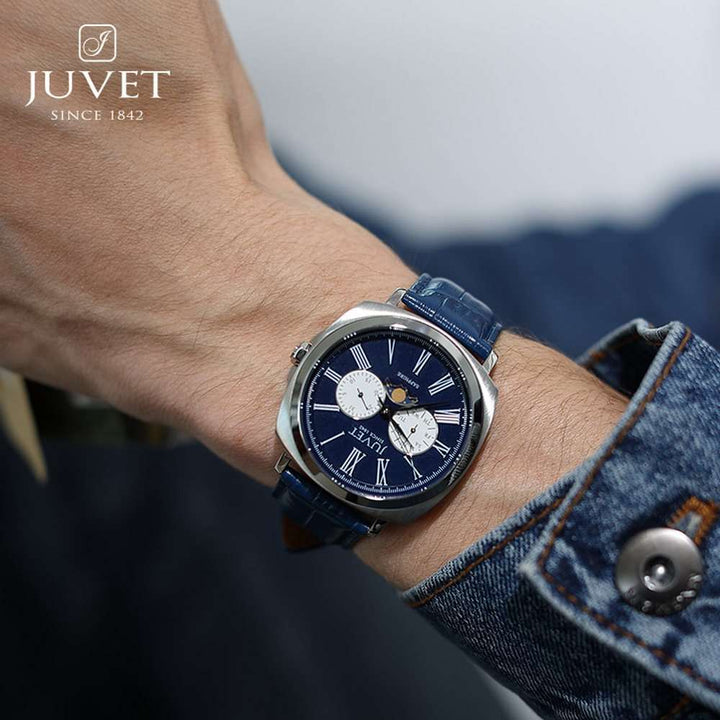 JUVET 7007 A3 Moon Phase Watch for Men, Swiss Made Quartz Watch 3Bar Waterproof - Purple Blue