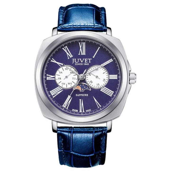 JUVET 7007 A3 Moon Phase Watch for Men, Swiss Made Quartz Watch 3Bar Waterproof - Purple Blue