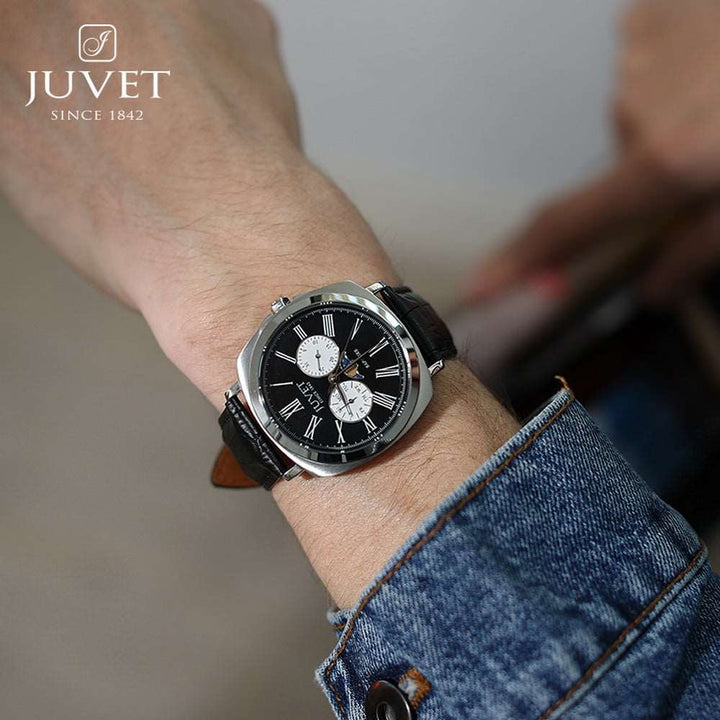 JUVET 7007 A2 Moon Phase Watch for Men, Swiss Made Quartz Watch 3Bar Waterproof - Deep Black