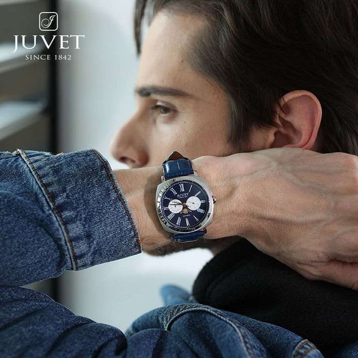 JUVET 7007 A3 Moon Phase Watch for Men, Swiss Made Quartz Watch 3Bar Waterproof - Purple Blue