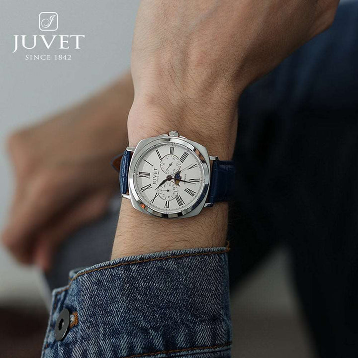 JUVET 7007 A1 Moon Phase Watch for Men, Swiss Made Quartz Watch 3Bar Waterproof - Silver Blue