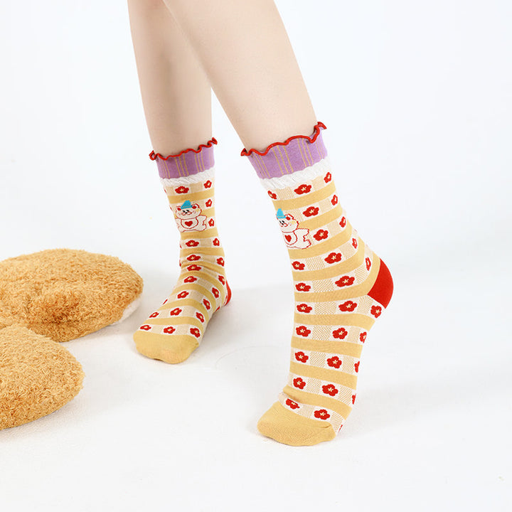 Beligogo red flower patterned Crew Socks for Women