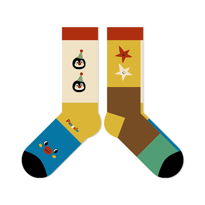 Beligogo Fashionable Penguin & Stripe Crew Socks: Soft, Breathable, Non-Slip Wear
