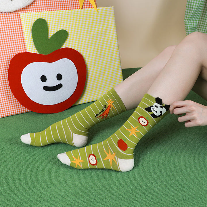 Beligogo Stylish Cartoon Panda & Striped Crew Socks: Ideal for Spring & Autumn