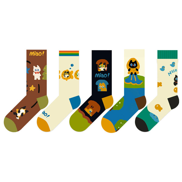 Beligogo Purrfect 5-Design Playful Kitten Crew Socks: Soft, Breathable Socks for Men & Women