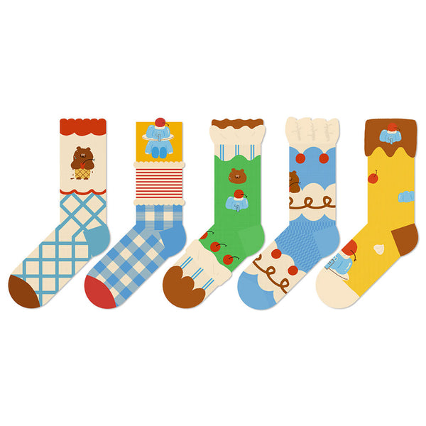 Comfy Snuggly Beligogo Elephant & Teddy Bear Mid-Calf Socks (5-Pack)