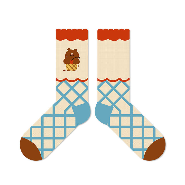 Beligogo Adorable 5-Pair Blueberry Elephant & Chocolate Bear Mid-Calf Socks
