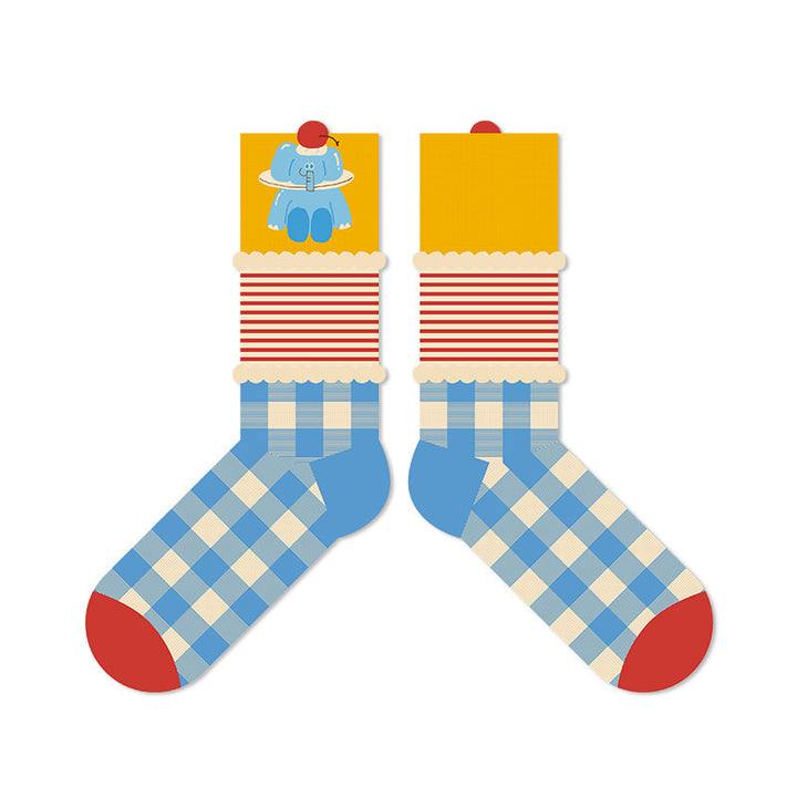Beligogo Charming Blueberry Elephant & Teddy Bear 5-Pack Mid-Calf Socks for Her