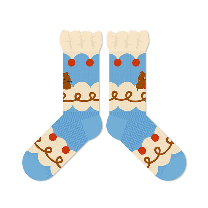 Beligogo Dreamy Blueberry Elephant & Brown Bear 5-Count Mid-Calf Socks for Women