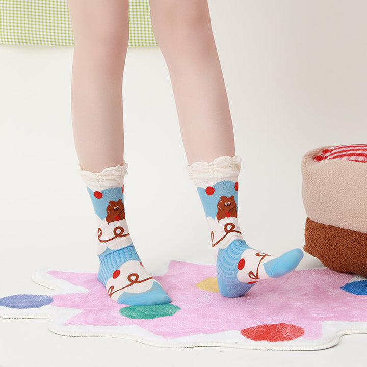 Beligogo Blueberry Pudding & Choco Bear 5-Pair Mid-Calf Socks for Ladies
