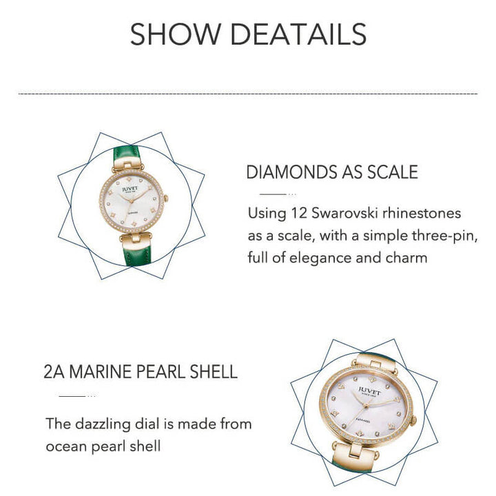 JUVET 7010 Classic Ladies Pearl Face Watch with Diamond Bezel 30m Waterproof - Retro Green A2