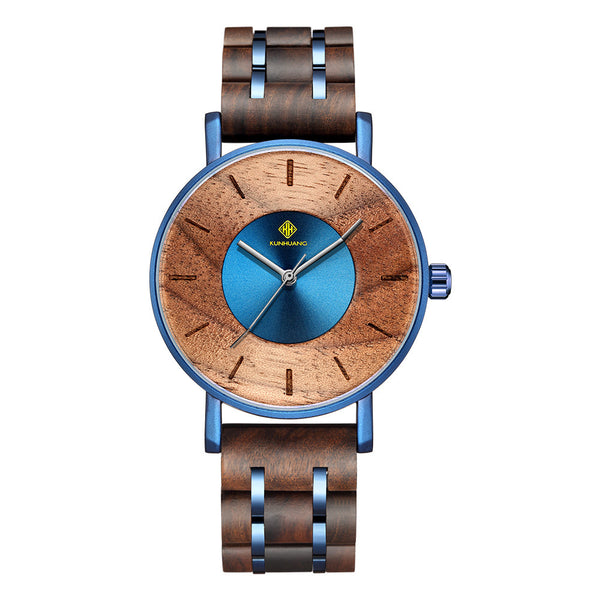 KUNHUANG 3002 Luxury Alloy Wooden Quartz Watch for Men Women w/ 30M Waterproof