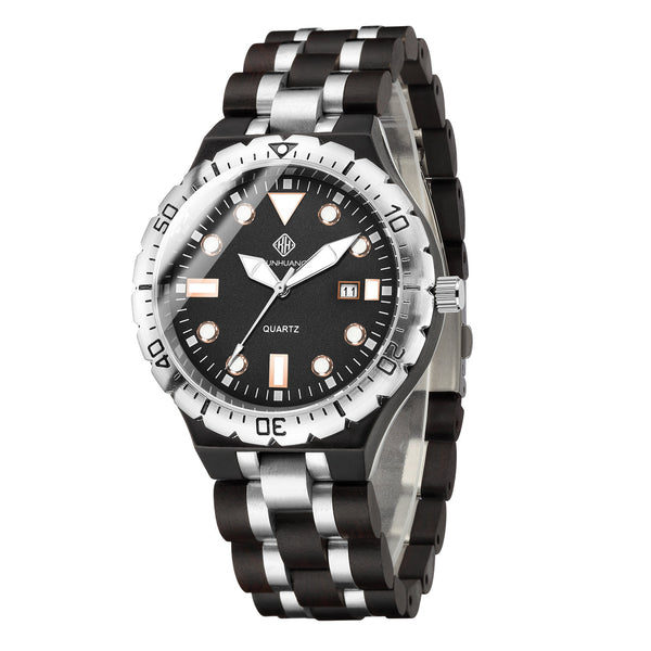 KUNHUANG 3004 Stylish Men’s Luminous Watch Wood & Stainless Steel Combined Waterproof