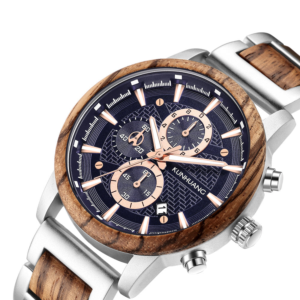 KUNHUANG 3016 Multifunction Sport Watch Wood For Men Waterproof
