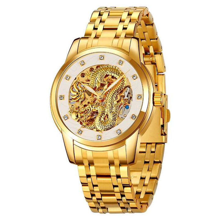 SKEMI 9310 Automatic Skeleton Watch for Men w/ China Dragon Stereoscopic Relief