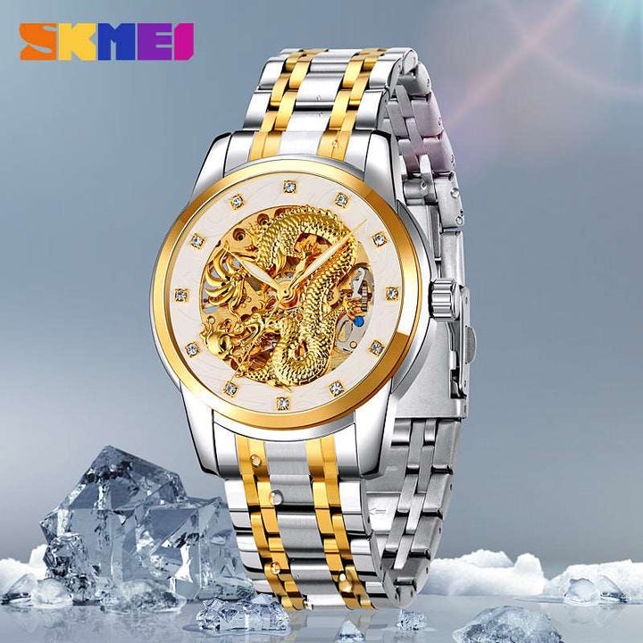 SKEMI 9310 Automatic Skeleton Watch for Men w/ China Dragon Stereoscopic Relief