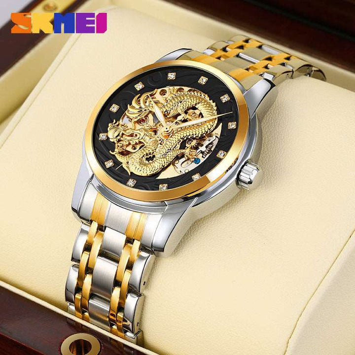 SKEMI 9310 Automatic Skeleton Watch for Men w/ China Dragon Stereoscopic Relief