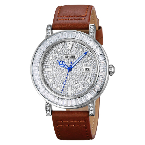 SKMEI 1953 Elegante pulsera de reloj con diamantes de imitación para mujer con correa de cuero PU