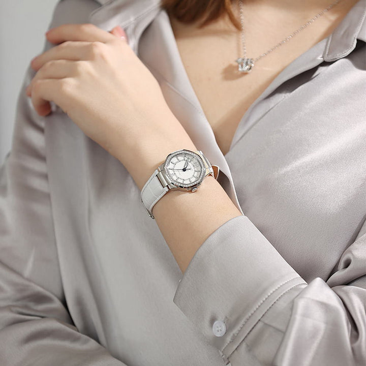 JUVET 7018 Graceful Ladies Octagon Watch with Diamond Bezel 30m Waterproof - Moonlight White A2