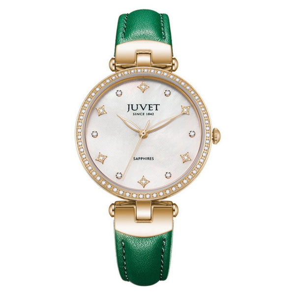 JUVET 7010 Classic Ladies Pearl Face Watch with Diamond Bezel 30m Waterproof - Retro Green A2