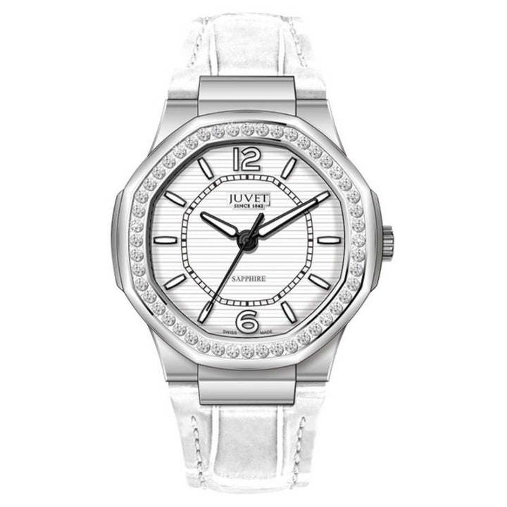 JUVET 7018 Graceful Ladies Octagon Watch with Diamond Bezel 30m Waterproof - Moonlight White A2