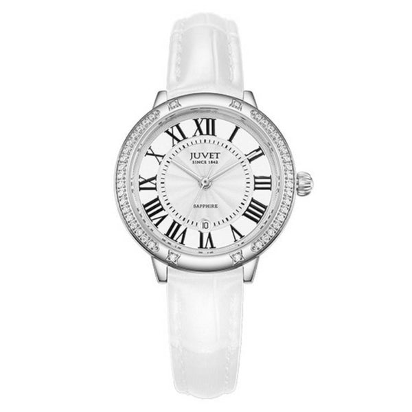 JUVET 7005 Beautiful Women's Roman Numeral Watch Leather Strap - Snow Silver A3