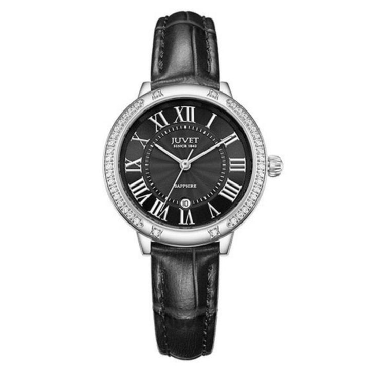 JUVET 7005 Minimalist Black Leather Strap Watch with Diamond Bezel - Dark Night A4