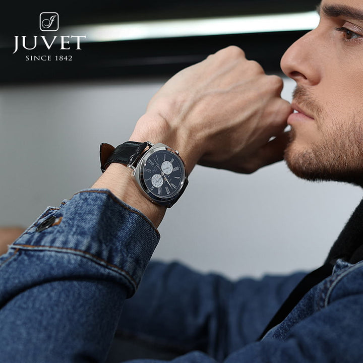 JUVET 7007 Luxury Swiss Day Date Watch with Moon Phase Waterproof - Deep Black A2