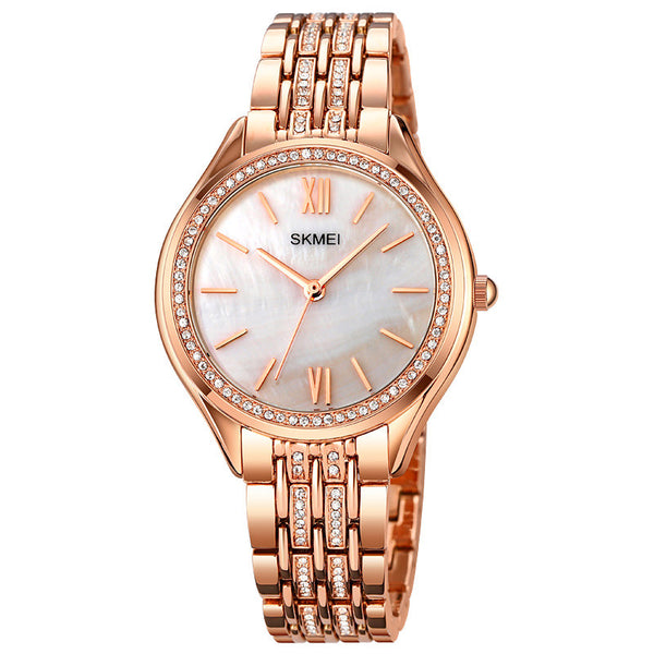 SKMEI 1970 Innovative Diamond Wristwatches Lady w/ Pearl Shell Textured Dial