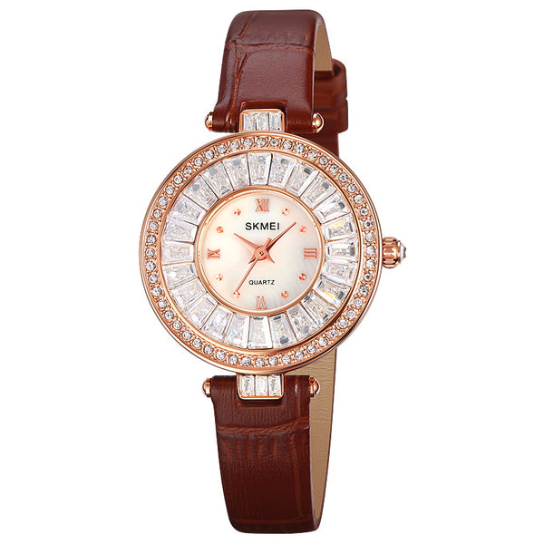 SKMEI 2009 Montre-bracelet en diamant pour femme avec bracelet en cuir 