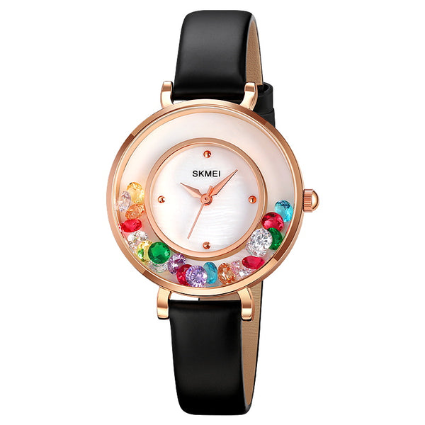 SKMEI 2041 Reloj simple con esfera de concha de perla para mujer con diamante de color giratorio
