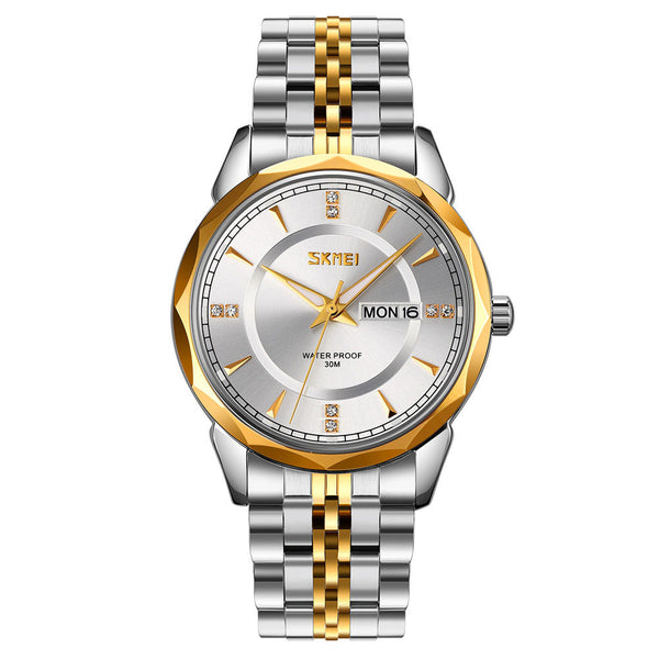 SKMEI 9268 Montre de luxe avec date et jour pour homme avec lunette taillée en diamant 