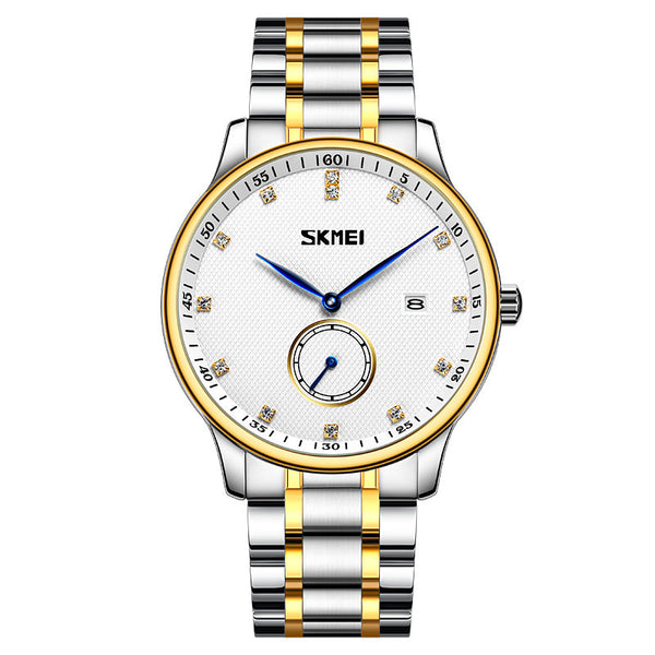 SKMEI 9297 Montre-bracelet en acier inoxydable pour homme avec pointeur bleu et grand cadran numérique