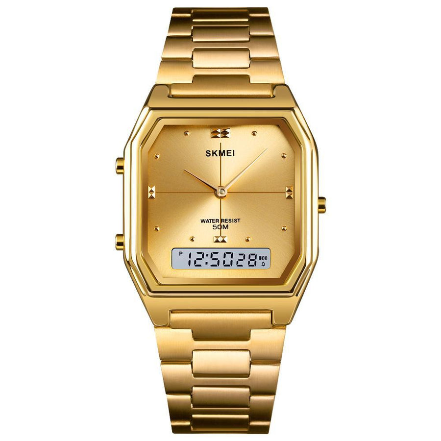 SKMEI 1612 Rectangle Gold Watch w/ Analog Digital Moment & Stainless Steel Band